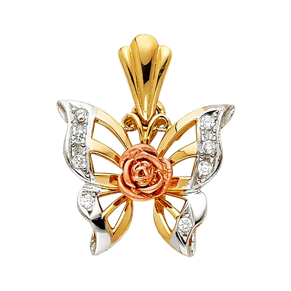 14K Tri Color CZ Butterfly Pendant